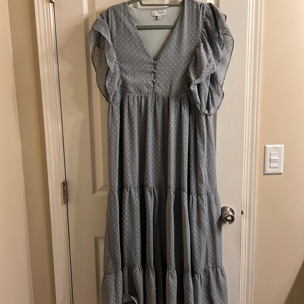 One Loved Babe Midi Light a blue Swiss dot dress